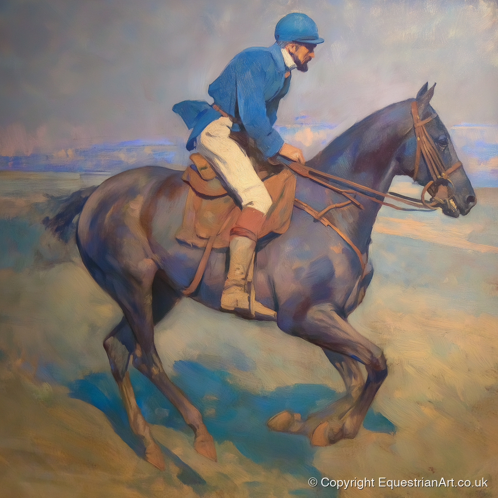 Azure Rhythm at Dawn - racing horse art print and canvas by Alistair Rhodes A.I