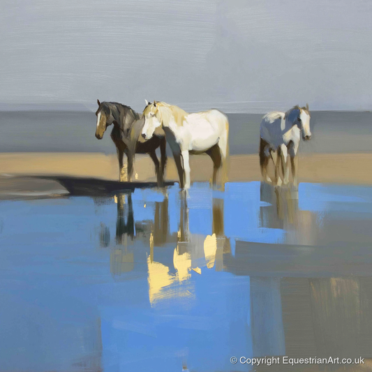Azure Shore Reflections - wild horses art print and canvas by Elias Thorne A.I