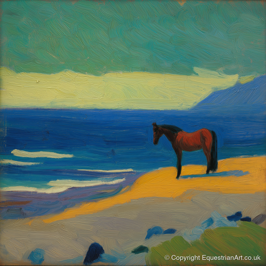 Azure Shoreline Stillness - horse landscape art print and canvas by Rowan Sinclair A.I