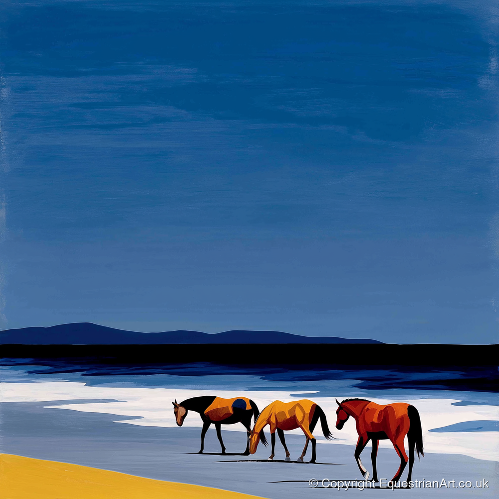 Azure Shoreline Trio - horse landscape art print and canvas by Vivienne Hartley A.I