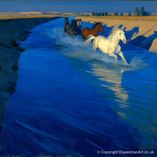 Azure Water Crossing - wild horses art print and canvas by Percival Kent A.I