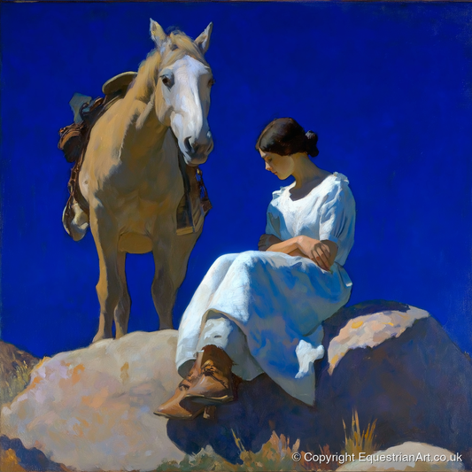 Beneath Azure Skies - horse & rider art print and canvas by Percival Kent A.I