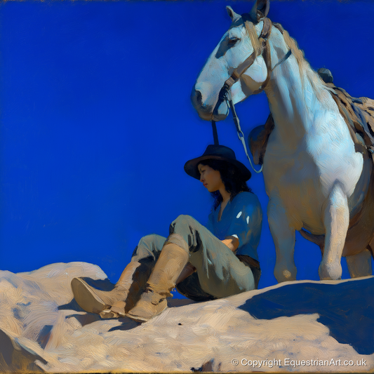 Beneath Azure Skies - horse & rider art print and canvas by Percival Kent A.I