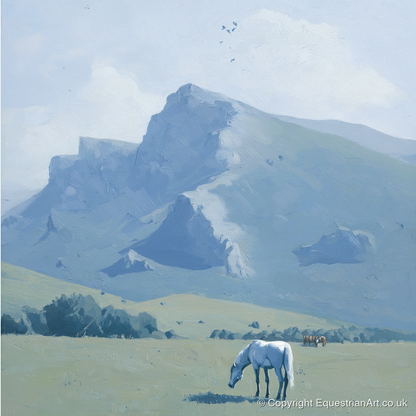 Beneath the Blue Peaks - horse landscape art print and canvas by Oscar Pendleton A.I
