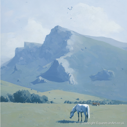 Beneath the Blue Peaks - horse landscape art print and canvas by Oscar Pendleton A.I