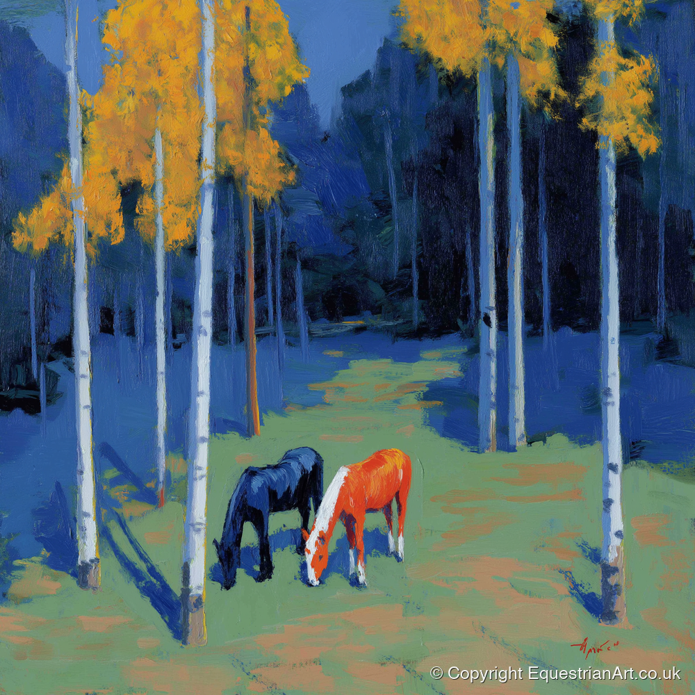 Birch Grove Grazing - horse landscape art print and canvas by Hugo Beckett A.I