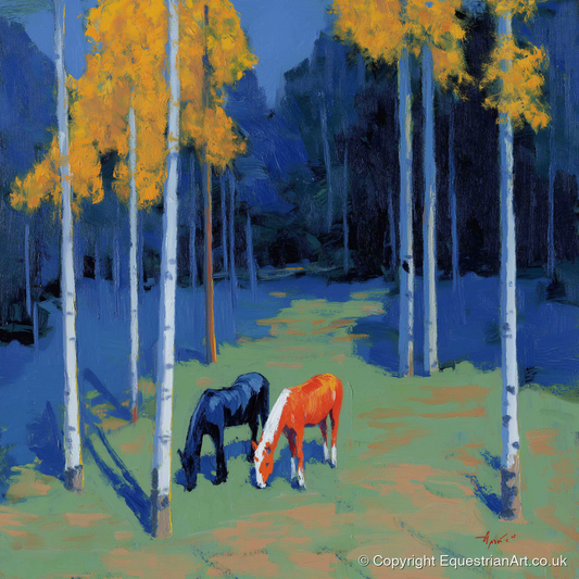 Birch Grove Grazing - horse landscape art print and canvas by Hugo Beckett A.I