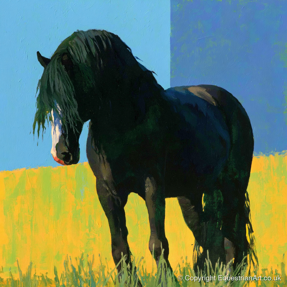 Black Cob in Yellow Field - horse breed art print and canvas by Daphne Morley A.I