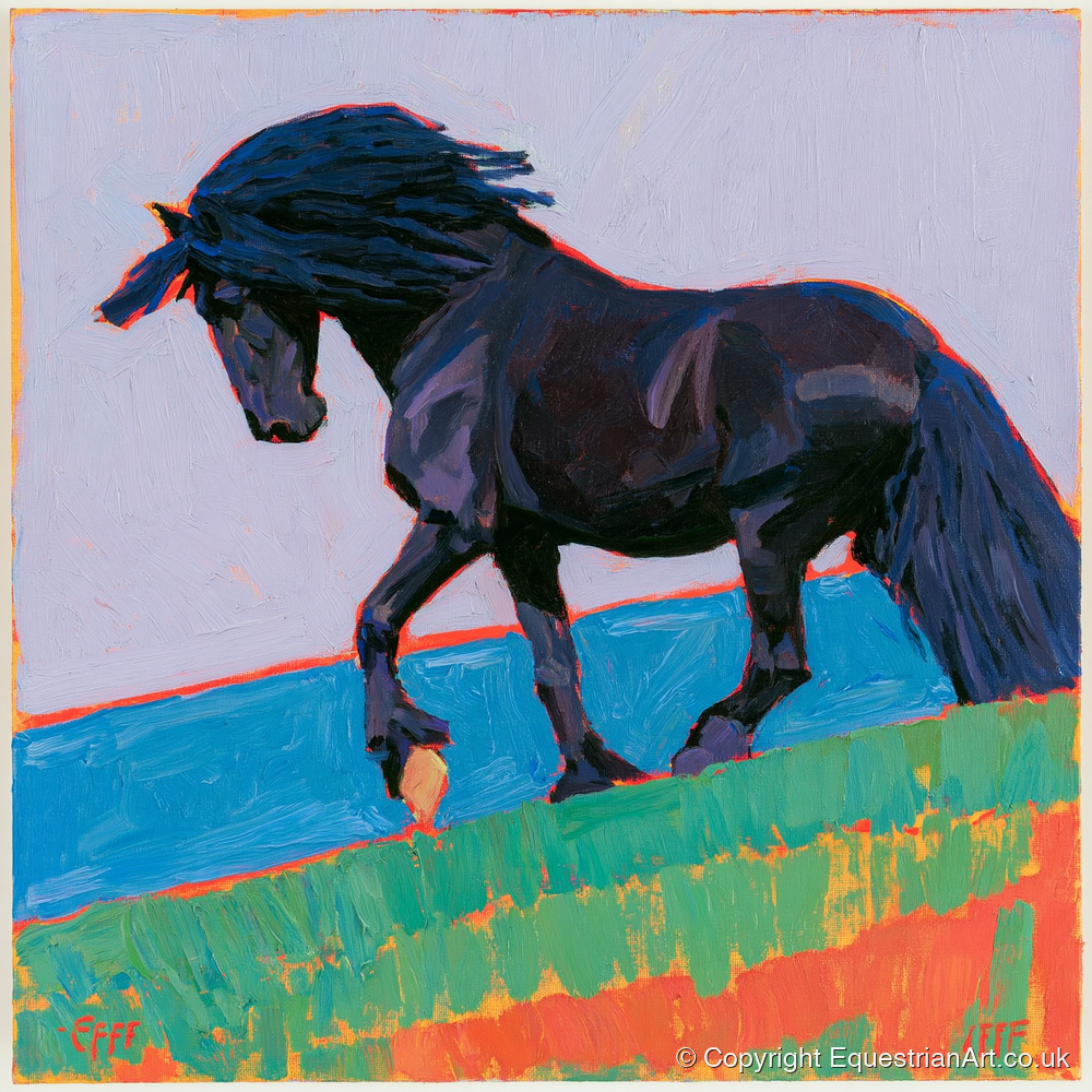 Black Friesian in Bold Landscape - horse breed art print and canvas by Marshall Davies A.I