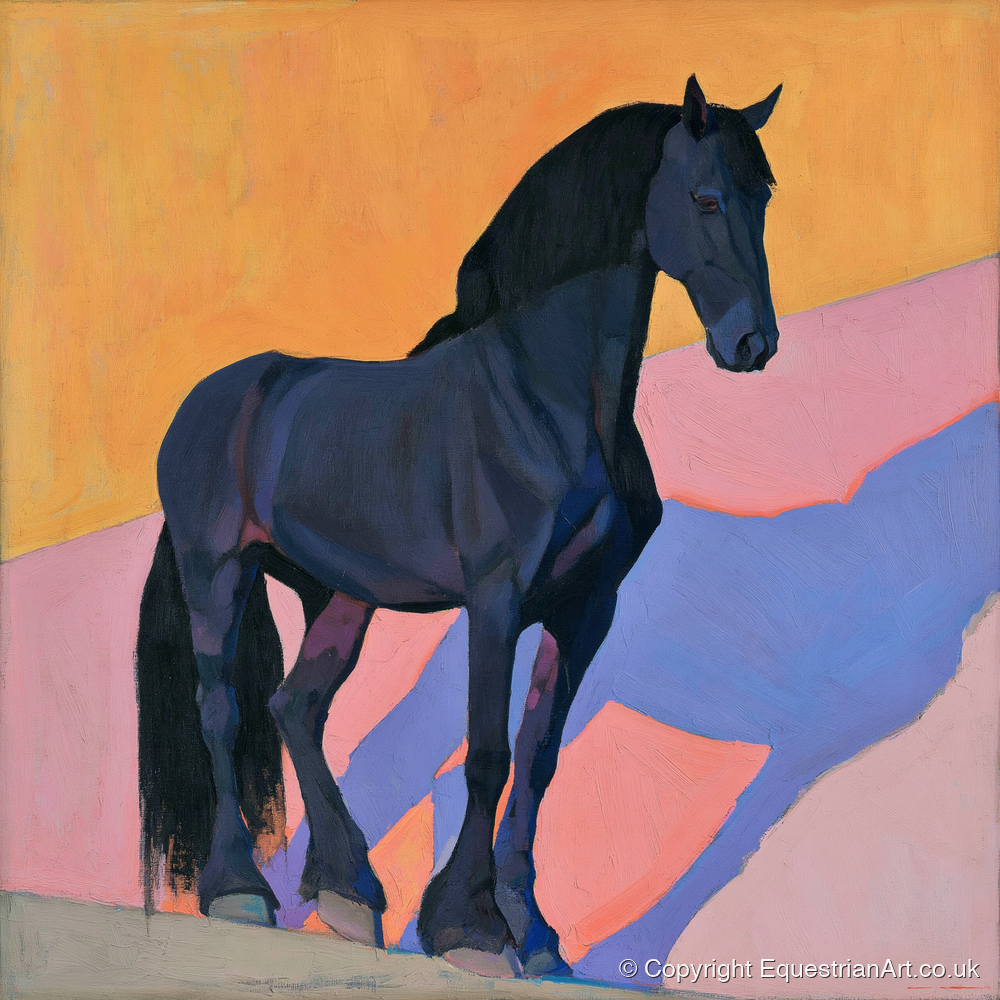 Black Friesian On Vibrant Orange - horse breed art print and canvas by Helena Ashby A.I
