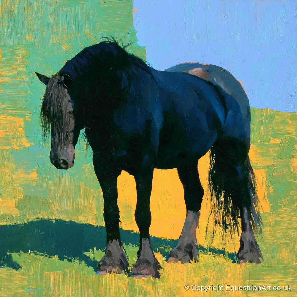 Black Horse Against Vibrant Yellow - horse breed art print and canvas by Daphne Morley A.I