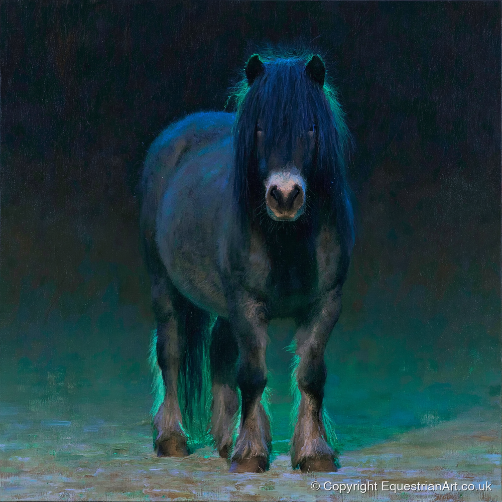 Black Shetland Pony in Moonlight - horse breed art print and canvas by Raymond Shaw A.I