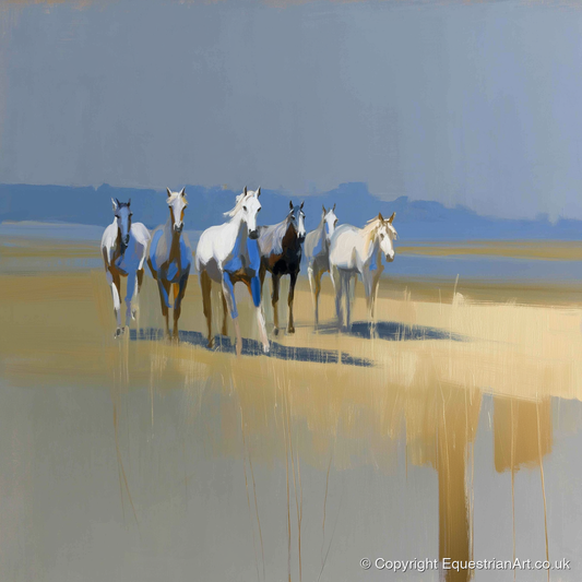 Blue Horizon Herd - wild horses art print and canvas by Elias Thorne A.I