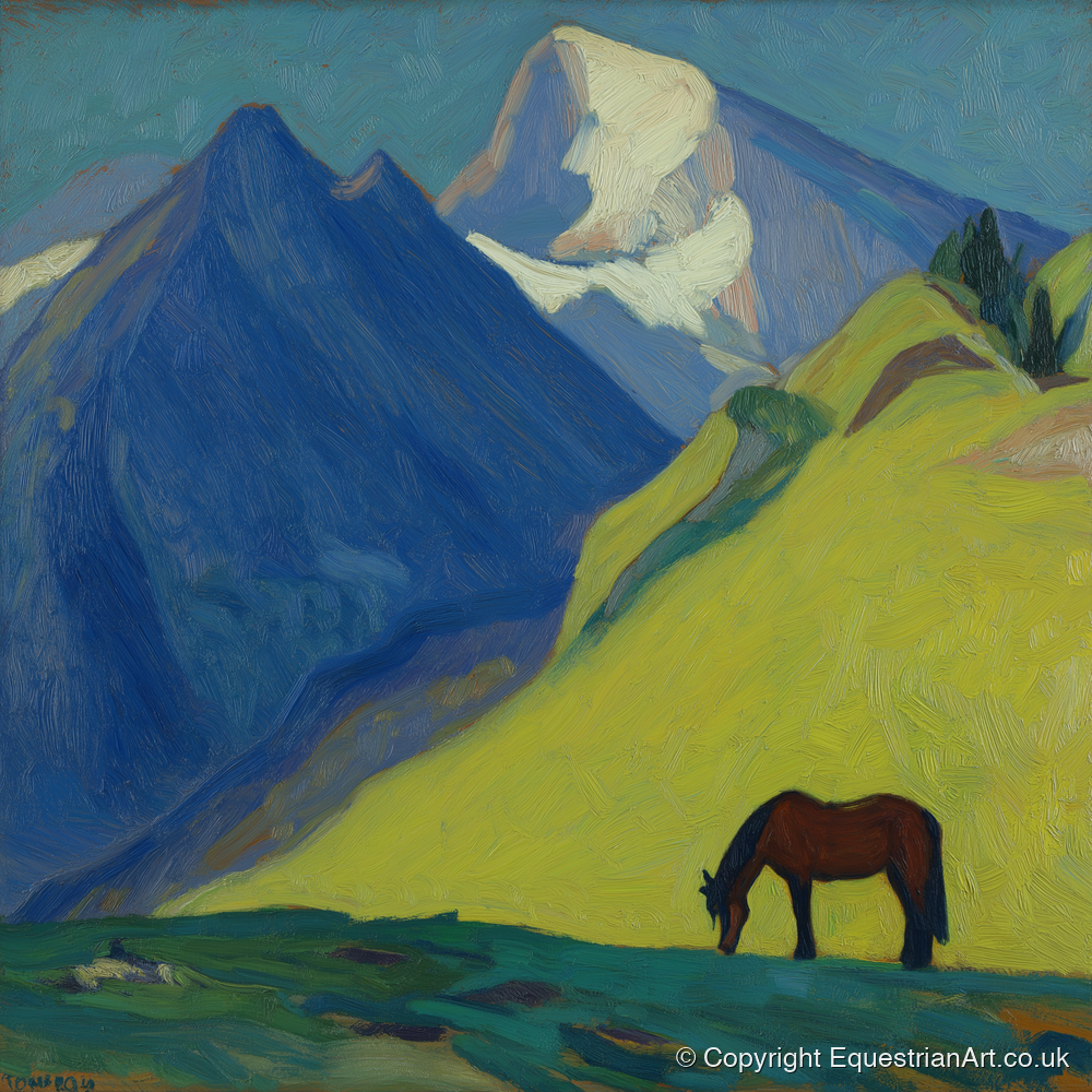 Blue Mountain Pasture - horse landscape art print and canvas by Rowan Sinclair A.I