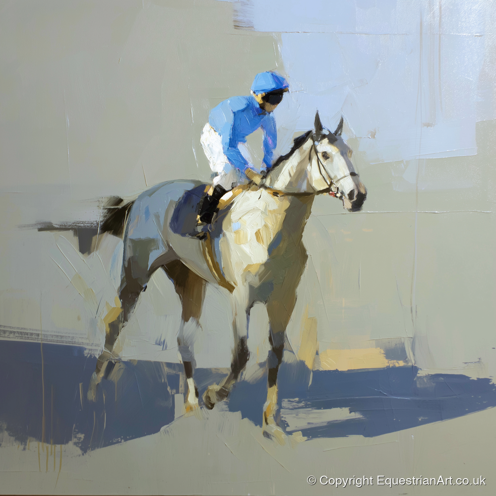 Blue Silks and Shadows - racing horse art print and canvas by Elias Thorne A.I