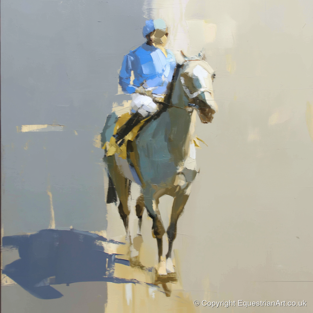 Blue Silks and Shadows - racing horse art print and canvas by Elias Thorne A.I