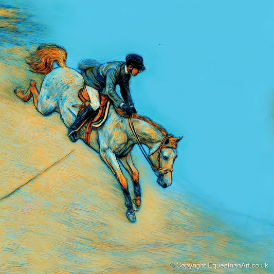 Bold Cerulean Flight - show jumping horse art print and canvas by Cecily Warwick A.I