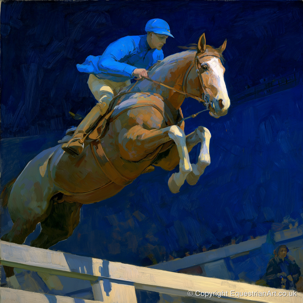 Bold Cobalt Clearance - show jumping horse art print and canvas by Percival Kent A.I