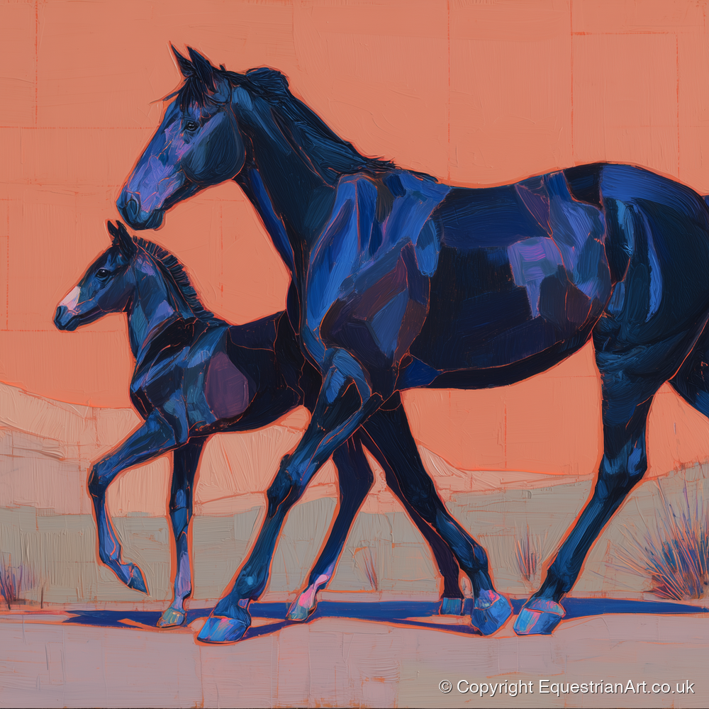 Bold Indigo Strides - mare & foal art print and canvas by Evander Winslow A.I