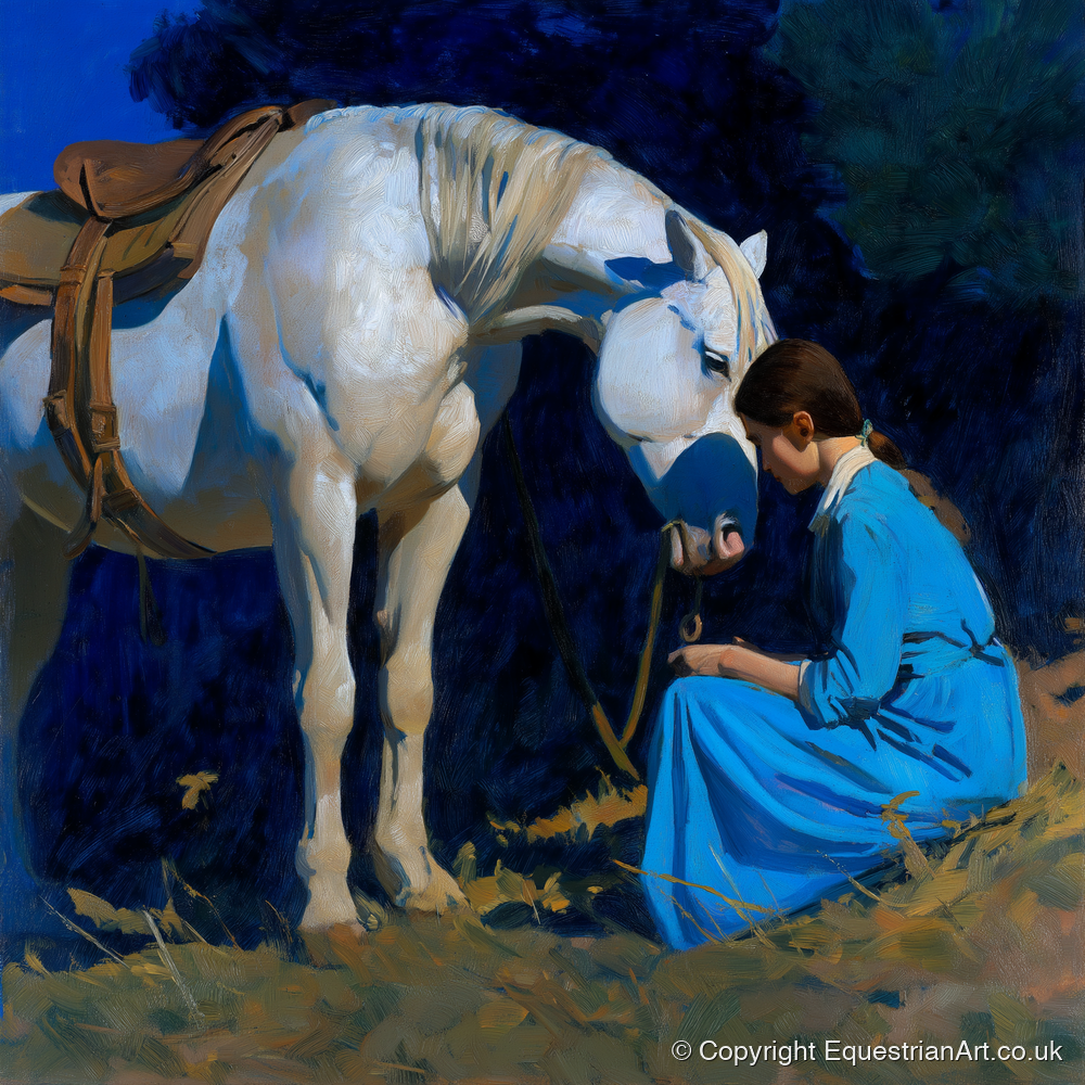 Bond in Blue and Gold - horse & rider art print and canvas by Percival Kent A.I