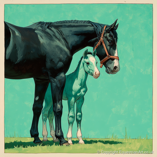 Bond in Vivid Teal - mare & foal art print and canvas by Declan Foley A.I