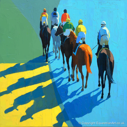 Bright Silks Long Shadows - racing horse art print and canvas by Daphne Morley A.I