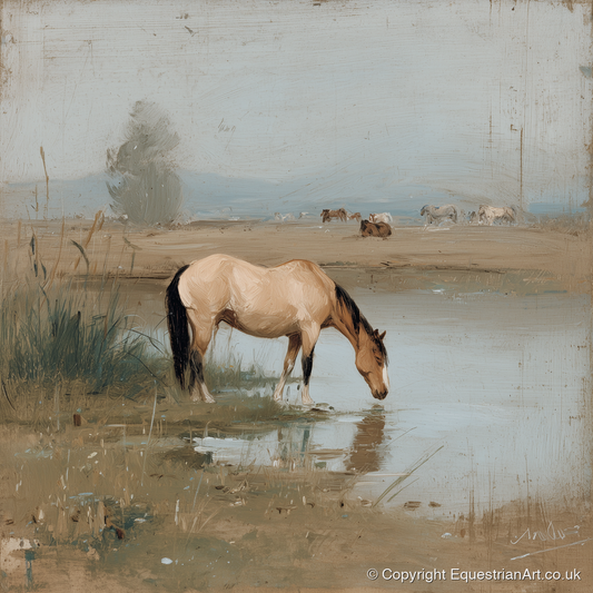 Buckskin by the Shallows - horse landscape art print and canvas by Frederick Lowell A.I