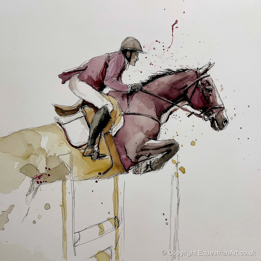 Burgundy Flight - show jumping horse art print and canvas by Edward Harrington A.I