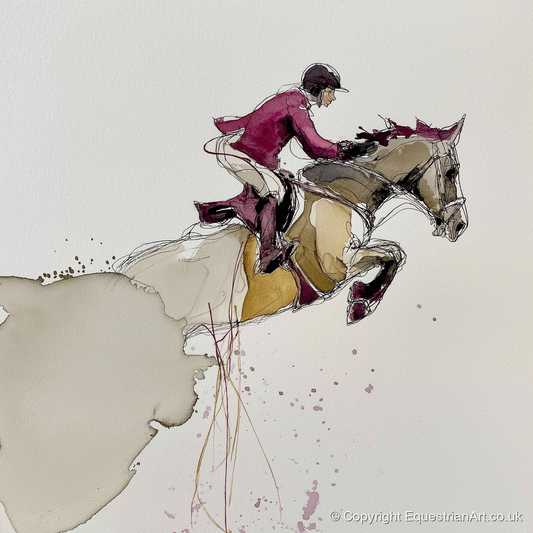 Burgundy Flight - show jumping horse art print and canvas by Edward Harrington A.I
