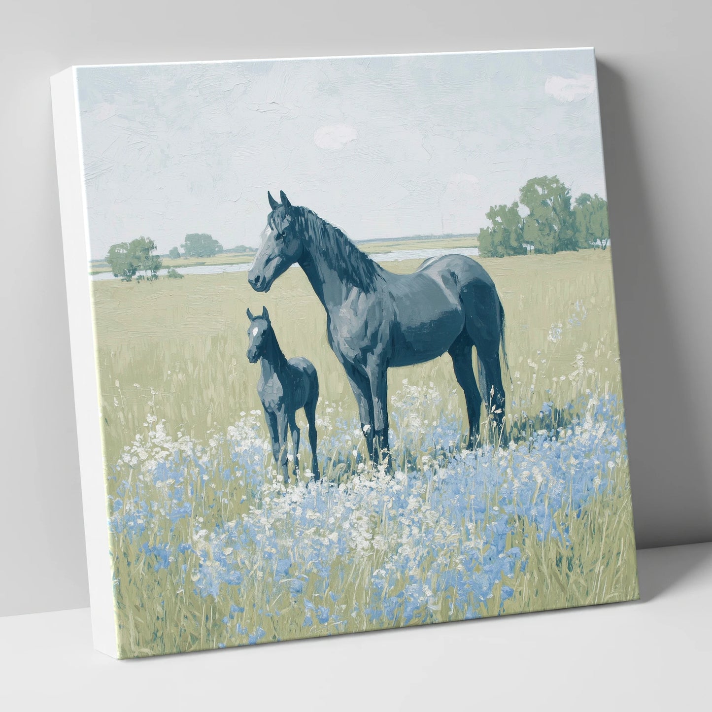 The Blue Meadow mare & foal canvas wall art