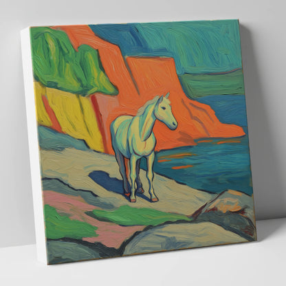 Vibrant Coastal Grey horse landscape canvas wall art