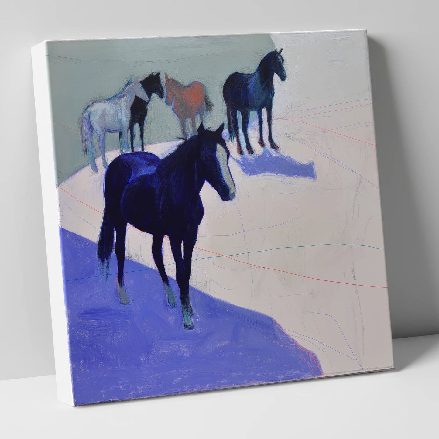Abstract Herd in Blue wild horses canvas wall art