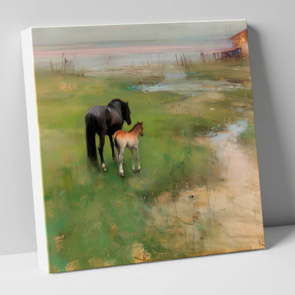 Morning on the Marsh mare & foal canvas wall art