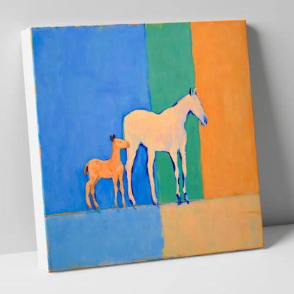 Cobalt and Terracotta Bond mare & foal canvas wall art