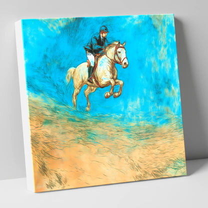 Flight in Cerulean show jumping horse canvas wall art