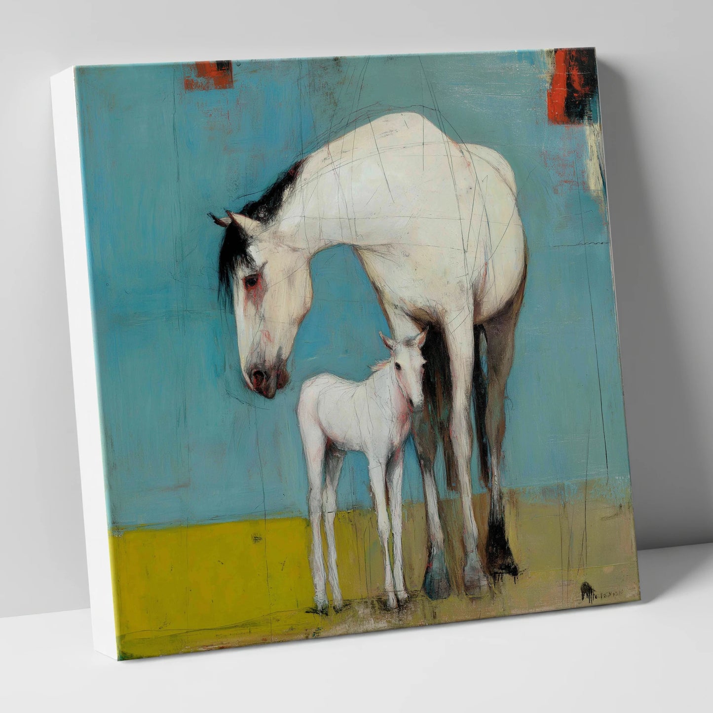 Quiet Bond in Teal mare & foal canvas wall art