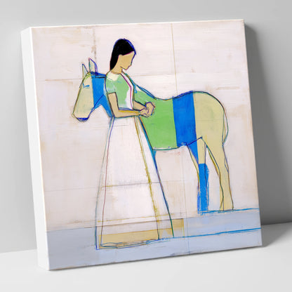 Quiet Blue Bond horse & rider canvas wall art