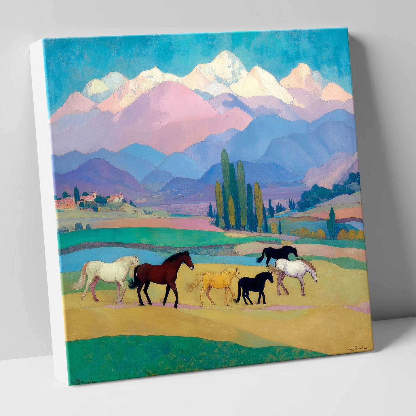 Vibrant Alpine Herd horse landscape canvas wall art