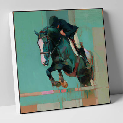 Suspended in Teal show jumping horse canvas wall art
