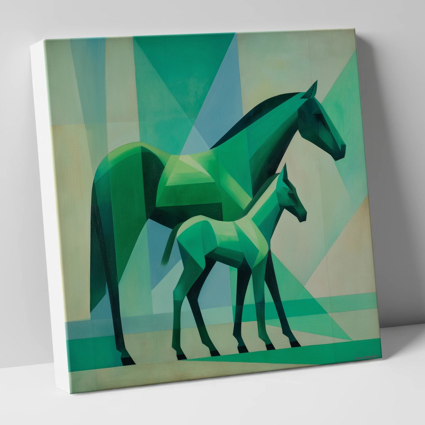 Facets in Emerald mare & foal canvas wall art