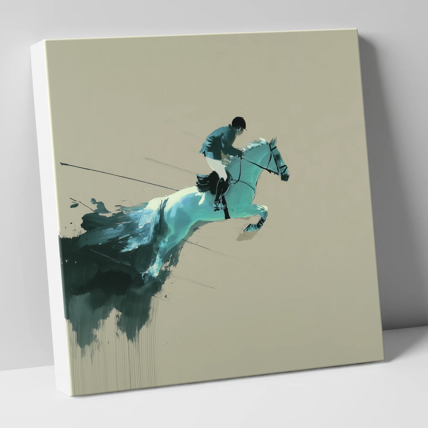 Momentum in Teal show jumping horse canvas wall art