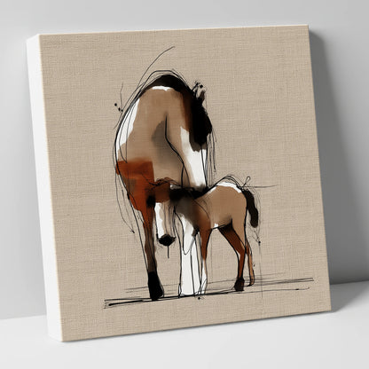 Tender Sepia Bond mare & foal canvas wall art