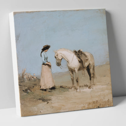 The Waiting Grey horse & rider canvas wall art