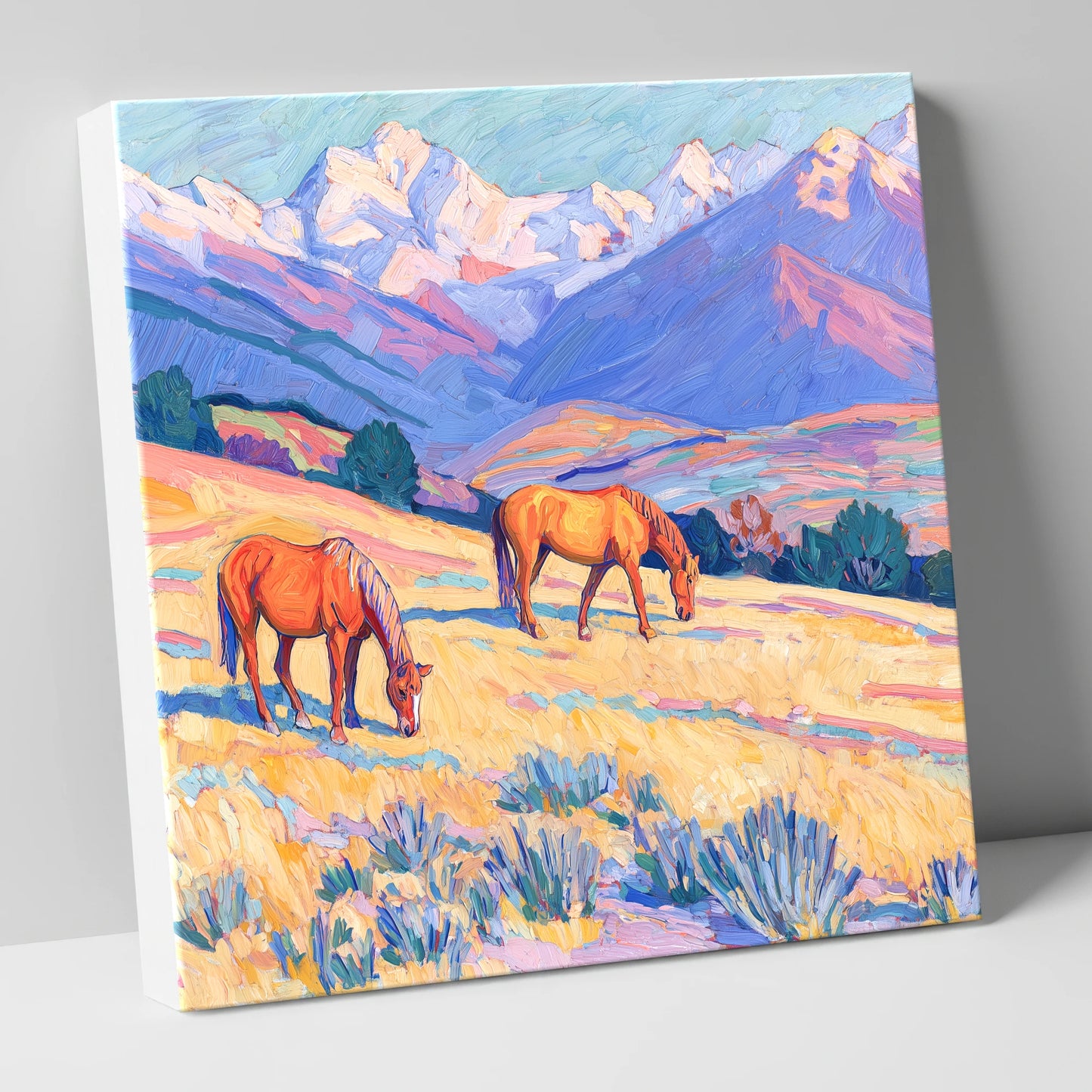 Grazing Beneath Violet Peaks horse landscape canvas wall art