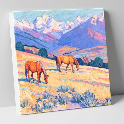 Grazing Beneath Violet Peaks horse landscape canvas wall art