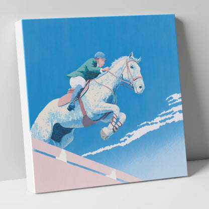 Airborne Over Blue show jumping horse canvas wall art