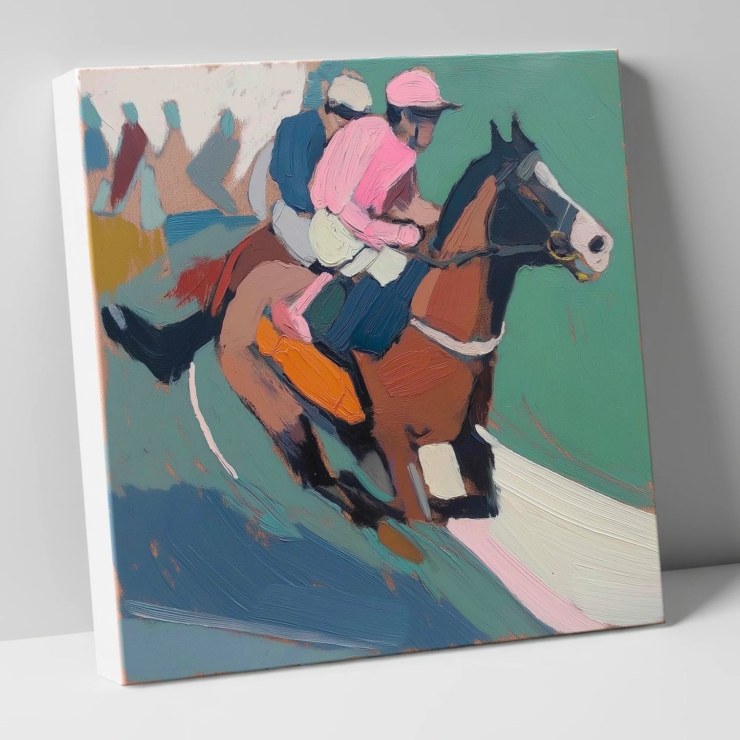 The Leading Edge in Rose racing horse canvas wall art