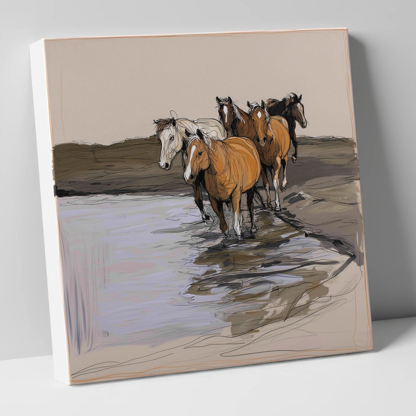 Herd at the Shallows wild horses canvas wall art