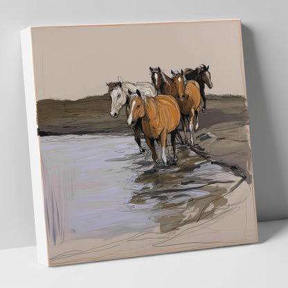 Herd at the Shallows wild horses canvas wall art