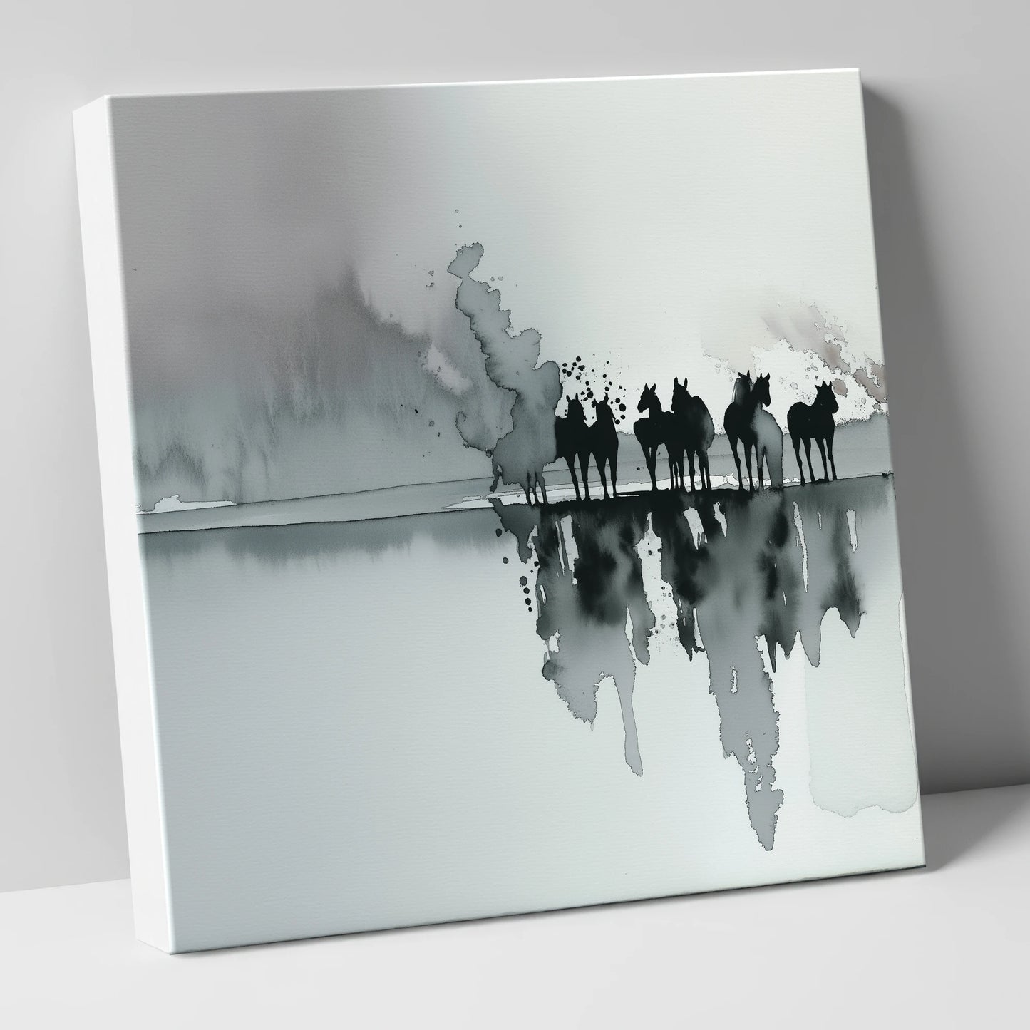 Monochrome Mist Herd wild horses canvas wall art